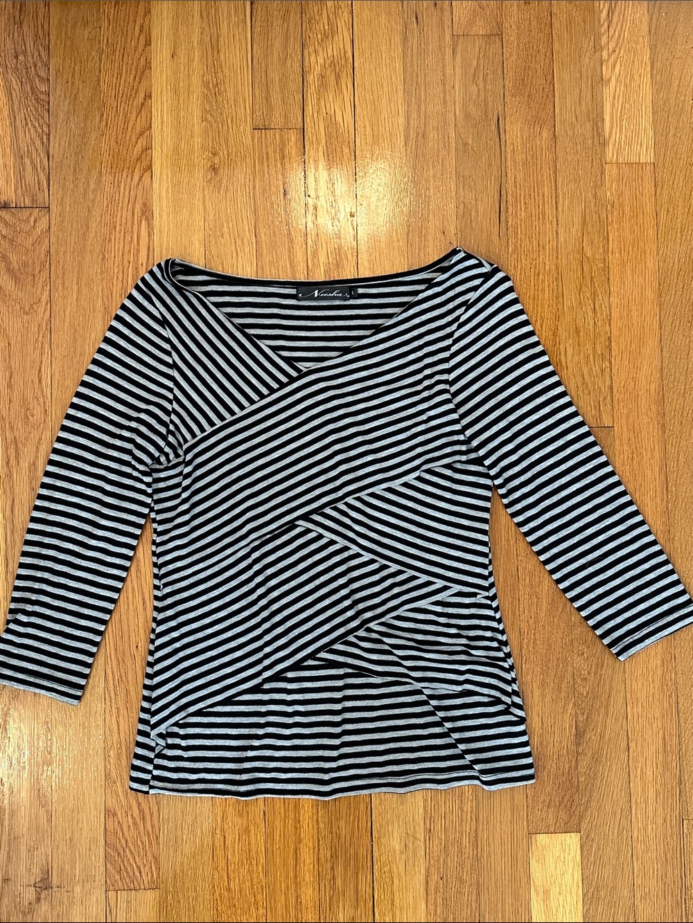 Neesha Black & Gray Striped Long-Sleeve Wrap-Accent Top, L